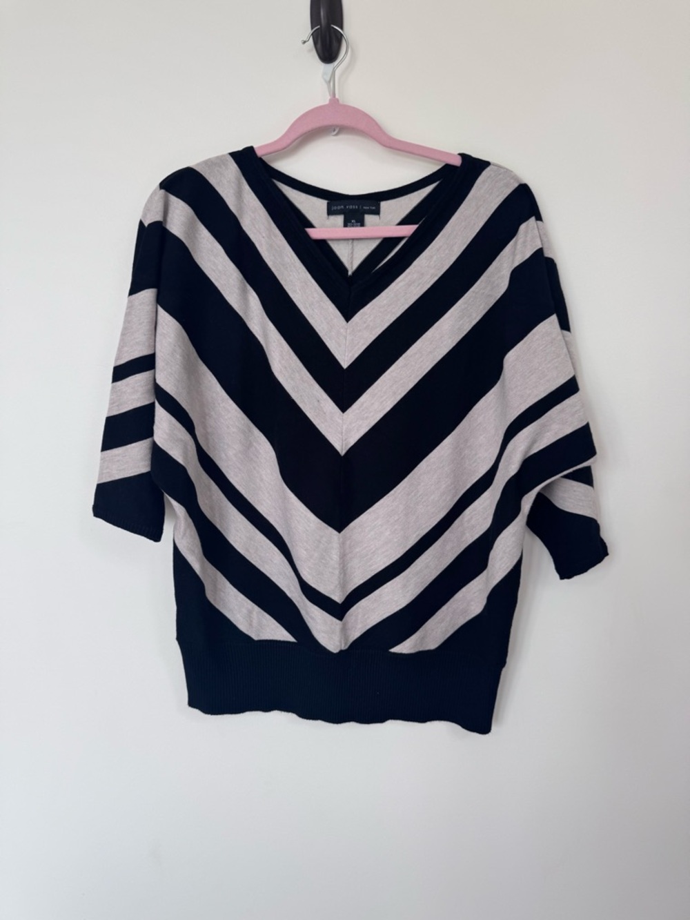 Joan Vass Black and Light Gray Chevron V-Neck Sweater